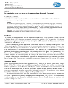 Article Re-Examination of the Type Series of Parazacco Spilurus (Teleostei: Cyprinidae)