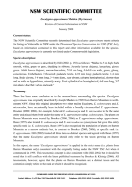 Eucalyptus Approximans Maiden (Myrtaceae) Review of Current Information in NSW January 2008