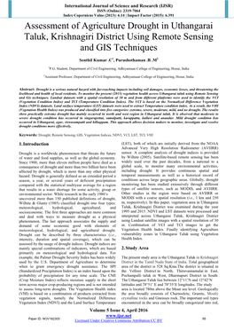 Assessment of Agriculture Drought in Uthangarai Taluk, Krishnagiri District Using Remote Sensing and GIS Techniques