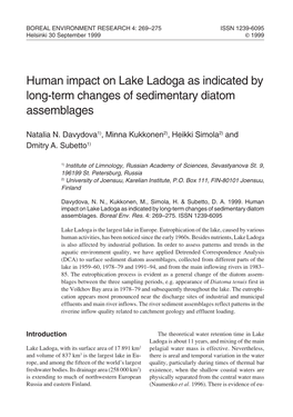 Human Impact on Lake Ladoga As Indicated by Long-Term Changes of Sedimentary Diatom Assemblages