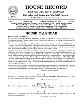 HOUSE RECORD First Year of the 164Th General Court Calendar and Journal of the 2015 Session State of New Hampshire Web Site Address