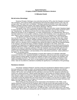 1 Against Extinction: a Legacy of Native Hawaiian Resistance