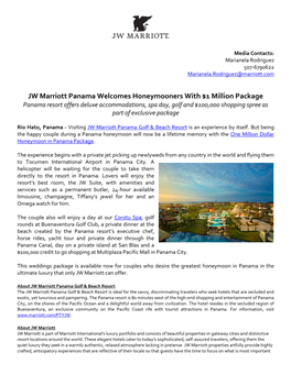 JW Marriott Panama Welcomes Honeymooners with $1 Million