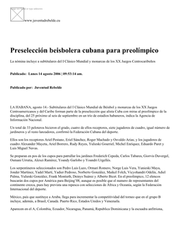 Preselección Beisbolera Cubana Para Preolímpico