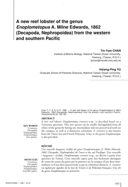 A New Reef Lobster of the Genus Enoplometopus A. Milne Edwards, 1862 (Decapoda, Nephropoidea) from the Western and Southern Pacific