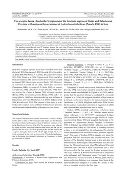 The Scorpion Fauna (Arachnida: Scorpiones) of the Southern Regions of Sistan and Ba-Luchestan Province with Notes on the Occurre