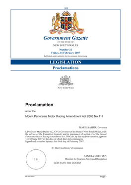 Government Gazette of the STATE of NEW SOUTH WALES Number 32 Friday, 16 February 2007 Published Under Authority by Government Advertising LEGISLATION Proclamations