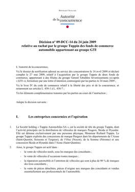 Décision N° 09-DCC-14 Du 24 Juin 2009 Relative Au Rachat Par Le Groupe Tuppin Des Fonds De Commerce Automobile Appartenant Au Groupe GTI
