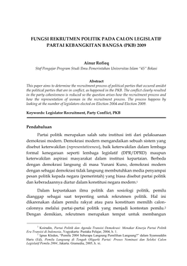 Fungsi Rekrutmen Politik Pada Calon Legislatif Partai Kebangkitan Bangsa (Pkb) 2009