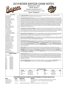 2019 BOWIE BAYSOX GAME NOTES Monday, May 6, 2019 - 6:00 P.M
