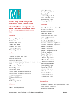 Moody's Mega Math Challenge 2015 Participating Schools (Alpha By