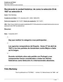 Recobrando La Verdad Histórica: De Como La Selección B De 1927 Es Selección A