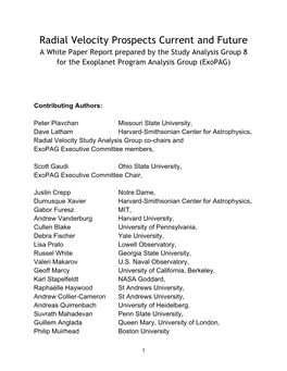 Radial Velocity Prospects Current and Future a White Paper Report Prepared by the Study Analysis Group 8 for the Exoplanet Program Analysis Group (Exopag)