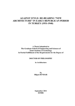 New Architecture” in Early Republican Period in Turkey (1931-1940)