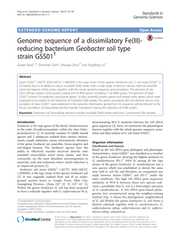 Genome Sequence of a Dissimilatory Fe(III)- Reducing Bacterium Geobacter Soli Type Strain GSS01T Guiqin Yang1,2,3, Shanshan Chen2, Shungui Zhou2* and Yongfeng Liu4