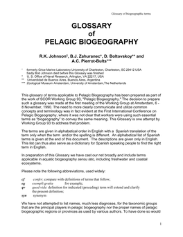 GLOSSARY of PELAGIC BIOGEOGRAPHY