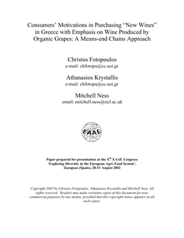 In Greece with Emphasis on Wine Produced by Organic Grapes: a Means-End Chains Approach