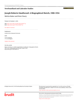 Joseph Roberts Smallwood: a Biographical Sketch, 1900–1934 Melvin Baker and Peter Neary