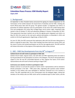 Colombian Peace Process: IOM Weekly Report 1 August, 2014 06 De Agosto De 2014