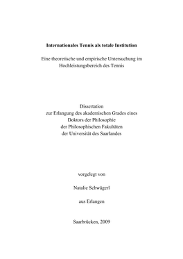 Internationales Tennis Als Totale Institution Eine Theoretische Und Empirische Untersuchung Im Hochleistungsbereich Des Tennis D