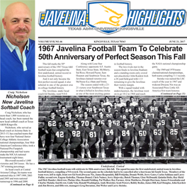 1967 Javelina Football Team to Celebrate 50Th Anniversary of Perfect Season This Fall This Fall Marks the 50Th Along with Lone Star in Football History