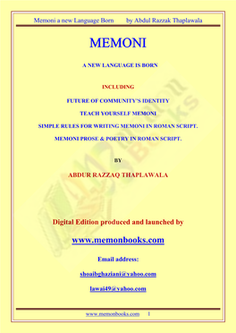 Memoni a New Language Born by Abdul Razzak Thaplawala MEMONI