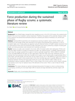 Force Production During the Sustained Phase of Rugby Scrums: a Systematic Literature Review Eric Martin* and George Beckham