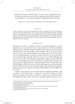 Horticultural Protocols to Aid the Conservation of MELAMPYRUM SYLVATICUM, Orobanchaceae (Small COW-Wheat), an Endangered Hemipar