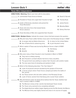 Lesson Quiz 1 Texas Wins Independence DIRECTIONS: Matching Match Each Item with Its Description