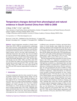 Temperature Changes Derived from Phenological and Natural Evidence in South Central China from 1850 to 2008