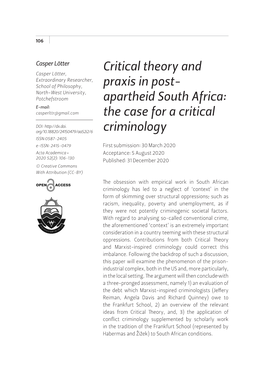 Critical Theory and Praxis in Post- Apartheid South Africa: the Case For