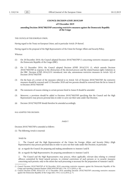 2019/2109 of 9 December 2019 Amending Decision 2010/788/CFSP Concerning Restrictive Measures Against the Democratic Republic of the Congo