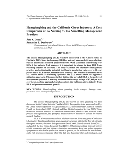 Huanglongbing and the California Citrus Industry: a Cost Comparison of Do Nothing Vs
