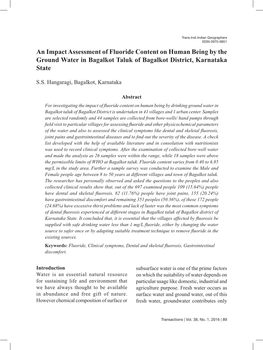 An Impact Assessment of Fluoride Content on Human Being by the Ground Water in Bagalkot Taluk of Bagalkot District, Karnataka State