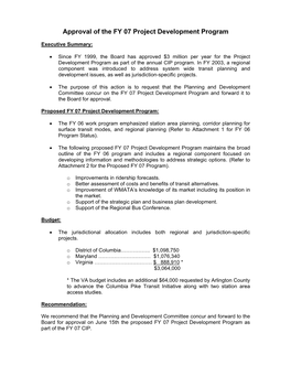 Approval of the FY 07 Project Development Program