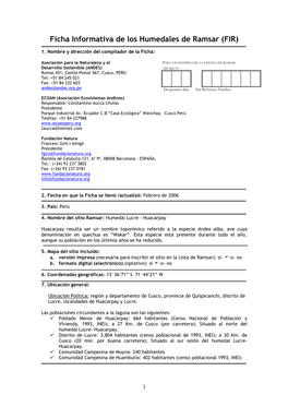 Ficha Informativa De Los Humedales De Ramsar (FIR)