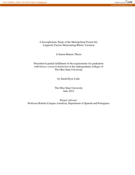 A Sociophonetic Study of the Metropolitan French [R]: Linguistic Factors Determining Rhotic Variation