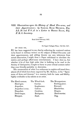 VIII. Observations Upon the History of Hand Fire-Arms, and Their Appurtenances; by SAMUEL RUSH MEYRICK, Esq