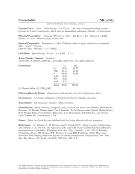 Cryptohalite (NH4)2Sif6 C 2001-2005 Mineral Data Publishing, Version 1