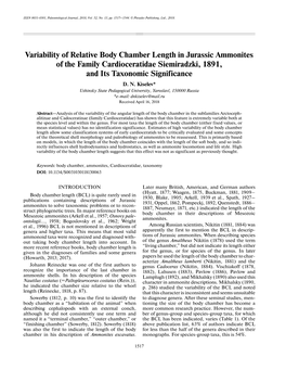 Variability of Relative Body Chamber Length in Jurassic Ammonites of the Family Cardioceratidae Siemiradzki, 1891, and Its Taxonomic Significance D