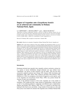 Linepithema Humile) on an Arboreal Ant Community in Don˜Ana National Park, Spain