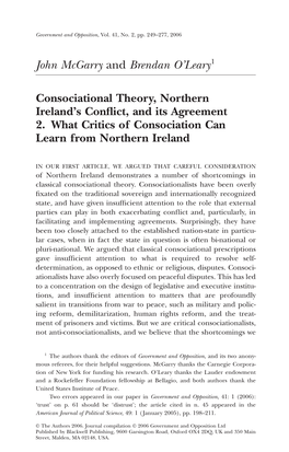 John Mcgarry and Brendan O'leary1 Consociational Theory, Northern