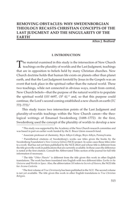 WHY SWEDENBORGIAN THEOLOGY RECASTS CHRISTIAN CONCEPTS of the LAST JUDGMENT and the SINGULARITY of the EARTH* Allen J