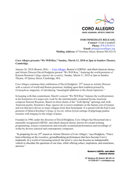 Press@Coroallegro.Org Mailing Address: 67 Newbury Street, Boston MA 02116