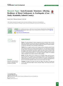 Research Paper: Socio-Economic Structures Affecting Resilience of Rural Settlements to Earthquake (Case Study: Kanduleh, Sahneh