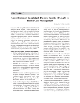 EDITORIAL Contribution of Bangladesh Diabetic Samity (BADAS) to Health Care Management
