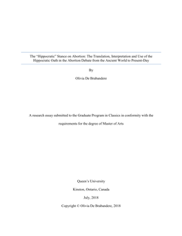 The “Hippocratic” Stance on Abortion: the Translation, Interpretation and Use of the Hippocratic Oath in the Abortion Debate from the Ancient World to Present-Day