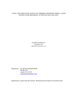 A Soil Contamination Survey of Timbisha Shoshone Tribal Lands Within Close Proximity to the Nevada Test Site Tupippuh Project P