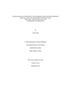 Inter Magnalia Fleetwoodi: Re-Examining William Fleetwood in Light of the Late-Sixteenth Century Legal Treatise, a Discourse Upon the Commission of Bridewell