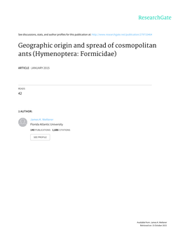 Geographic Origin and Spread of Cosmopolitan Ants (Hymenoptera: Formicidae)